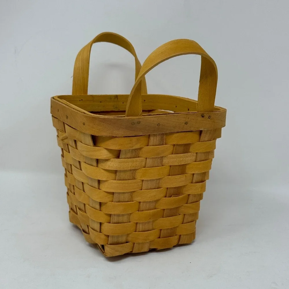 Square Woven Wood Splint Basket with Handles Natural Honey Brown Farmhouse Decor